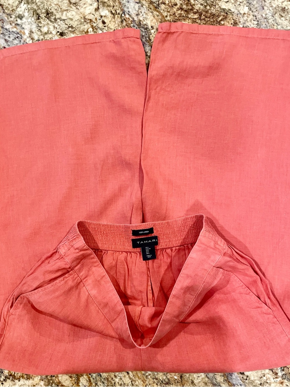Tahari 100% Linen Coral Orange Wide Leg Crop Pants Elastic Back Waist Size L - Picture 7 of 9